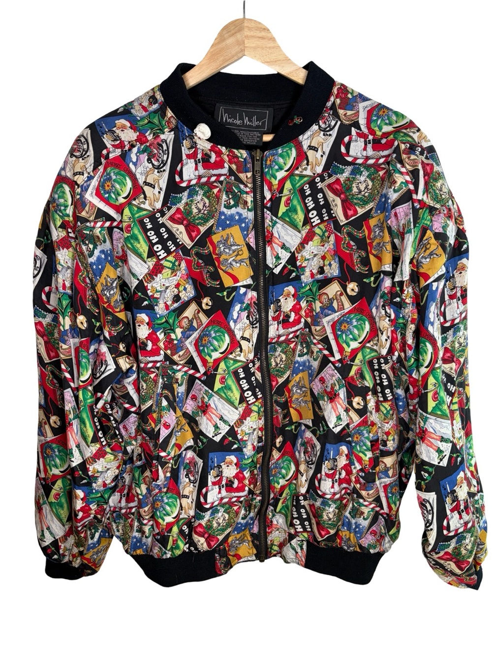 Nicole Miller silk Black Multi Holiday Bomber Jacket small